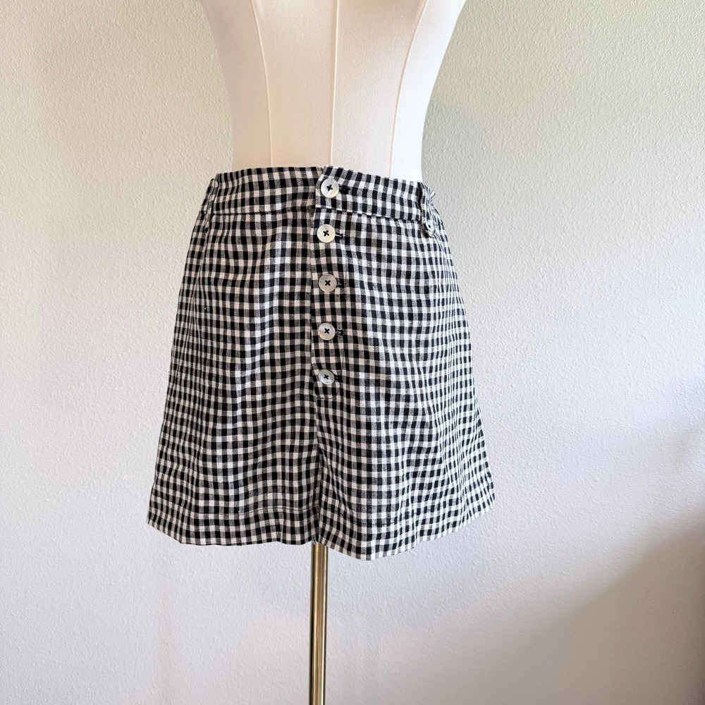 Reformation Gingham Linen Shorts Black White Button Fly Summer Beach Womens sz12 - Picture 2 of 8